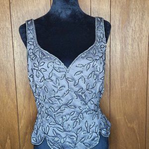 Black Tie by Oleg Cassini Gorgeous Gray Beaded Top Brand New Tag On Size 14
